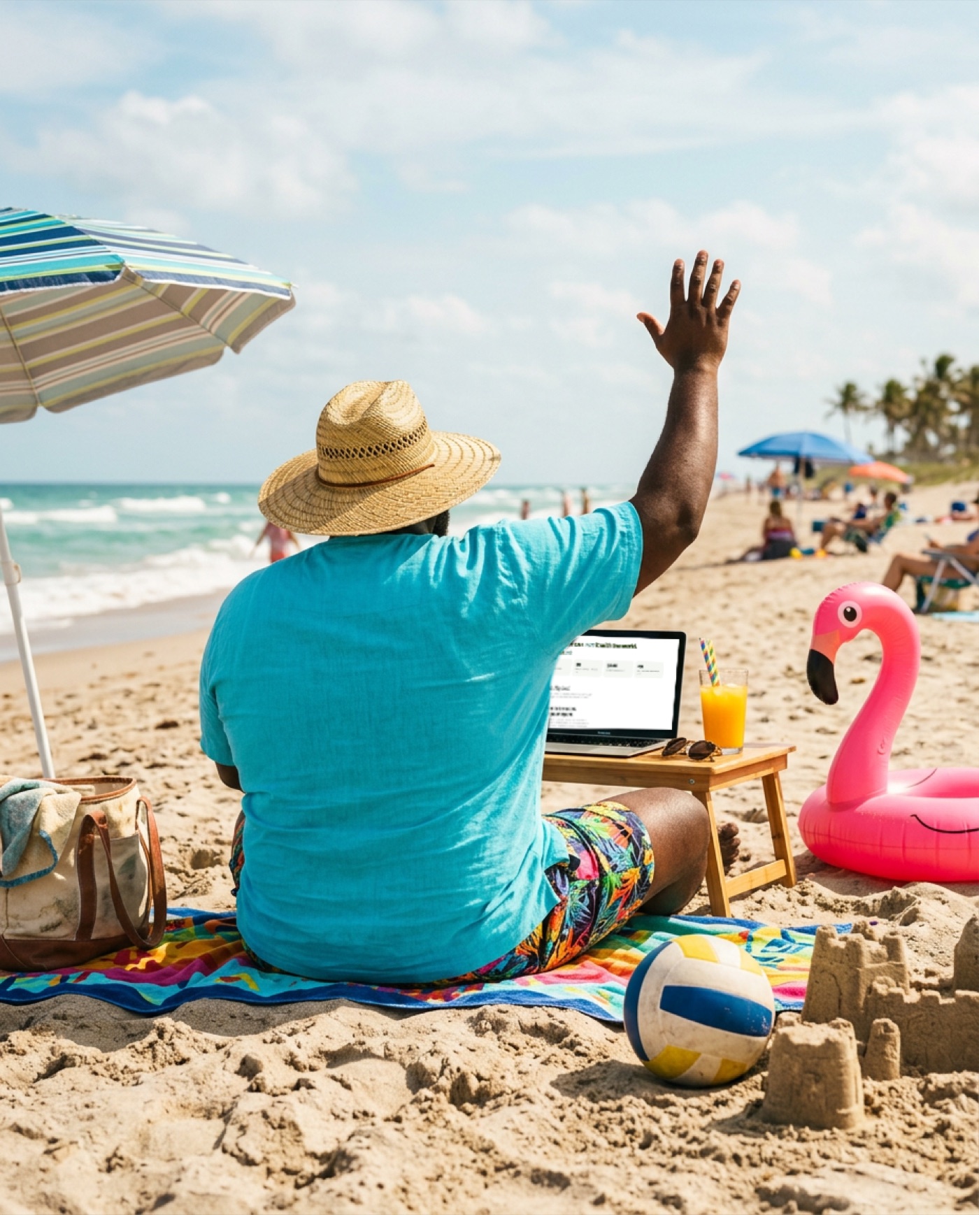 Someone at the beach, laptop open, waving — their agent is doing the deploying